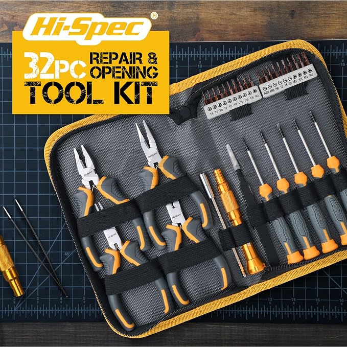 Hi-Spec Electronics Repair & Opening Tool Kit for Laptops Phones Devices | 32pc, everyday fixes made easier, organized portable storage, beginner-friendly selection, apartment and office tasks, tidy