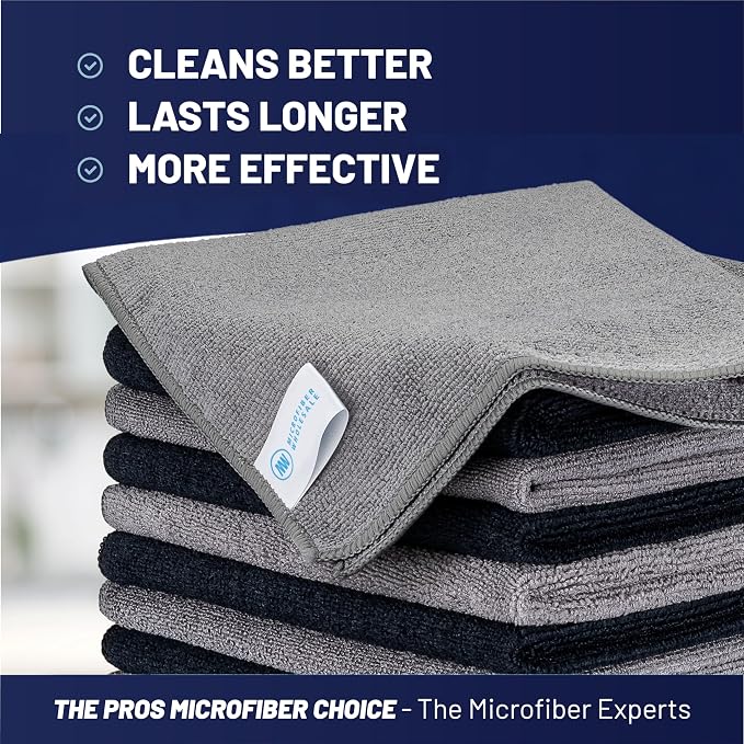 MW Pro Microfiber Cleaning Cloth | Black Gray | 12 Pack | 16” x 16” | All Purpose Microfiber Towels - Clean, Dust, Polish, Scrub, Absorbent