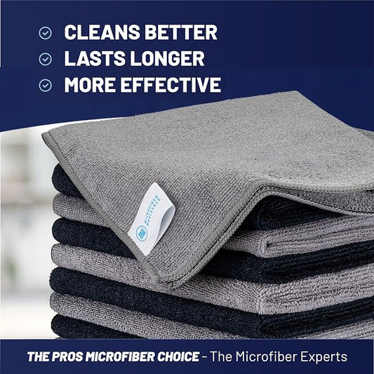 MW Pro Microfiber Cleaning Cloth | Black Gray | 12 Pack | 16” x 16” | All Purpose Microfiber Towels - Clean, Dust, Polish, Scrub, Absorbent