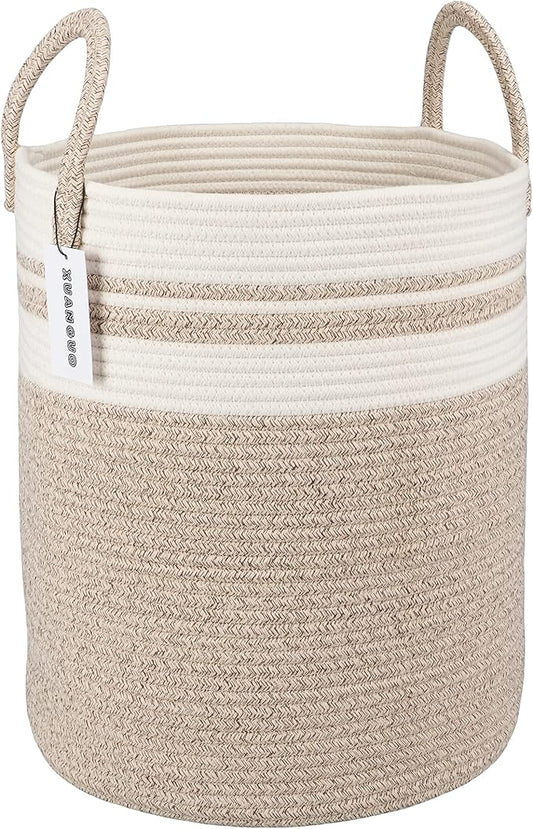 XUANGUO Cotton Rope Laundry Basket Hamper for Clothes Large Brown and White | Baby Nursery Hamper Bin and Woven Storage Basket for Living Room Bedroom Boho Tall Rope Baskets Blankets Toys Pillows Towels