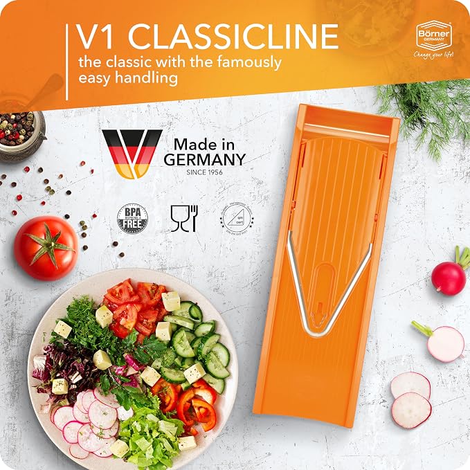Börner Mandoline Slicer V1 (Basis Set) • V-Slicer with 2 Inserts & Fruit Holder • Adjustable Kitchen Slicer for Vegetables & Fruits • Vegetable Cutter • 3 Thickness Settings • Color: Orange
