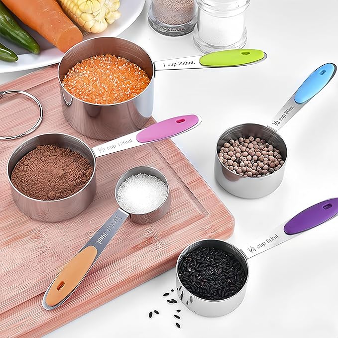 RUNZI 10 Pcs Measuring Cups and Spoons Set,Stackable Metal Measure Cup for Measuring Dry and Liquid Ingredients，Used Kitchen Dry Food, Cooking Baking Measurements,Silvery