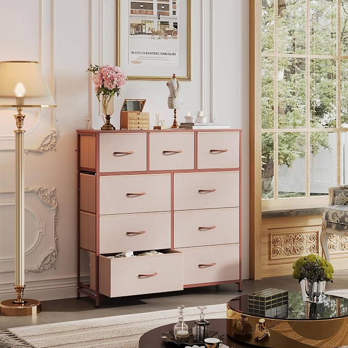 WLIVE 9-Drawer Dresser, Fabric Storage Tower for Bedroom, Hallway, Entryway, Closet, Tall Chest Organizer Unit with Fabric Bins, Steel Frame, Wood Top, Easy Pull Handle, Pink