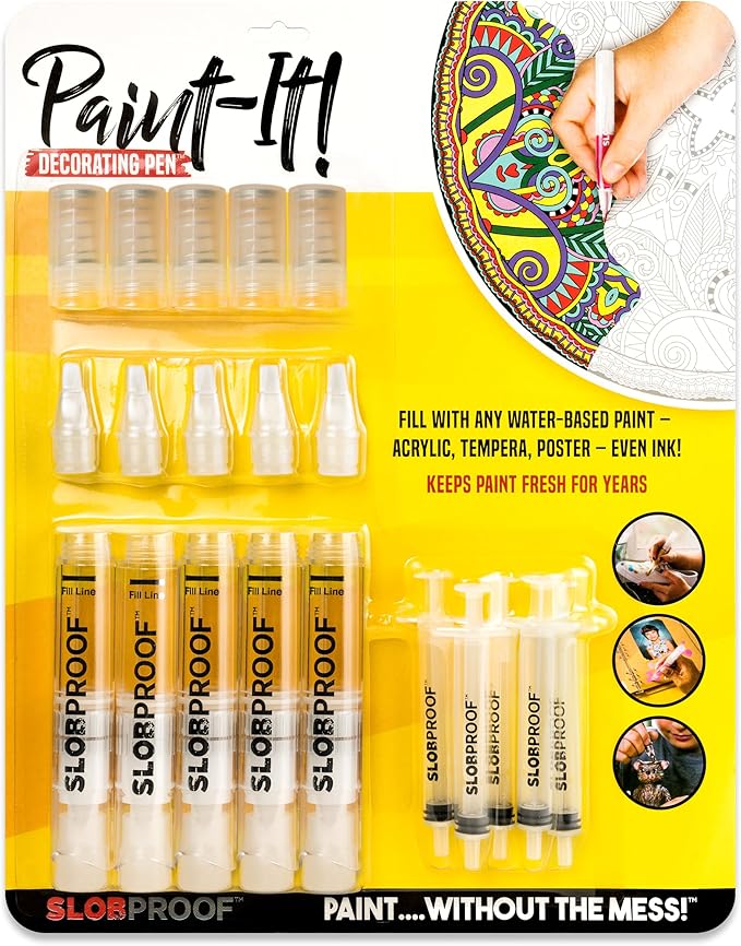 Slobproof Paint It! Decorating Pen, Refillable Paint Pens, Fine Tip, Home, Hobbies, Crafting, Scrapbooking, Fills with Chalk, Glitter, & Metallic Paints, Works on Wood, Fabric, Metal, Pack of 5