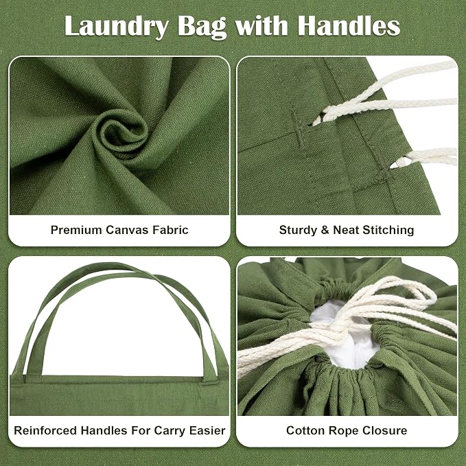 Canvas Laundry Bags with Handles & Square Base 13.8"Wx13.8"Dx27.6"H | Extra Large Heavy Duty Laundry Basket Hamper Liner Replacement, Washable Drawstring Dirty Clothes Bag, Army Green