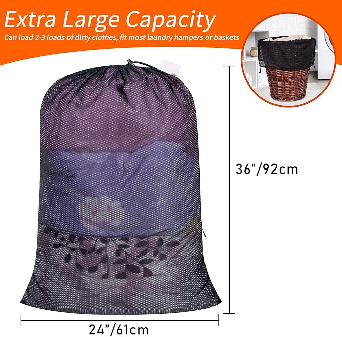 2 Pack Heavy Duty Diamond Mesh Laundry Bag, 24x36", Black | Drawstring & ID Tag, Breathable Mesh, Machine Washable, Commercial Grade, , For College Dorms, Travel, Sports Equipment