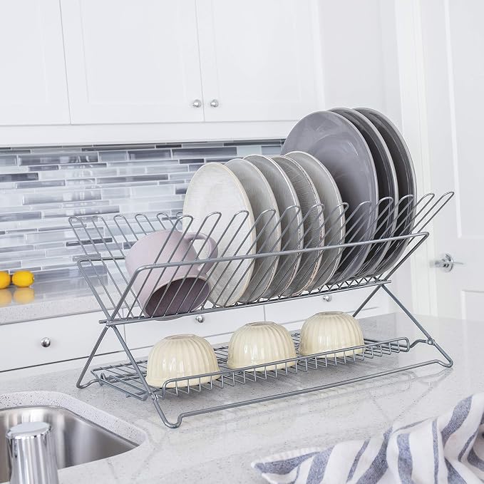 Better Houseware Folding Dish Drying Rack, Space-Saving Countertop Dish Drainer, Coated Steel, Holds 23 Plates, Collapsible Kitchen Drying Rack, Metallic Silver