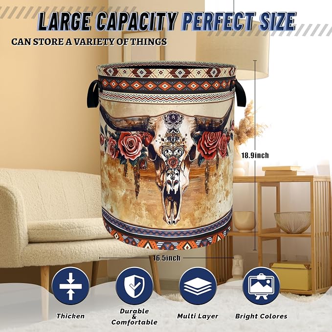 Boho Longhorn Cattle Skull Laundry Basket Oxford Cloth Tribal Laundry Hamper With Handle Foldable Portable Clothes Storage Basket Funny Laundry Bag 18.9"x16.5" For Laundry Room/Bedroom/Bathrooms