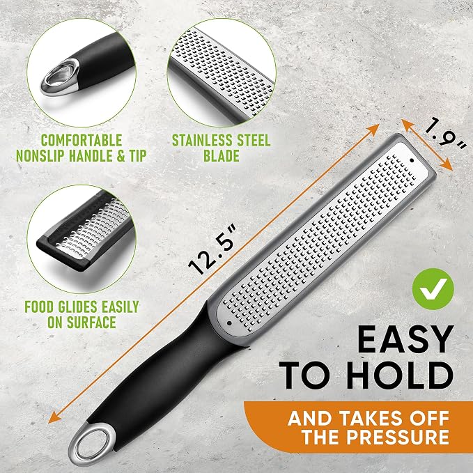 Spring Chef Premium Gray Lemon Zester Grater with Handle - Lime, Garlic, Ginger, Orange, Nutmeg, Fruit Grater - Heavy Duty Kitchen Tool - Stainless Steel Citrus Zester with Blade Cover - Fine Shred