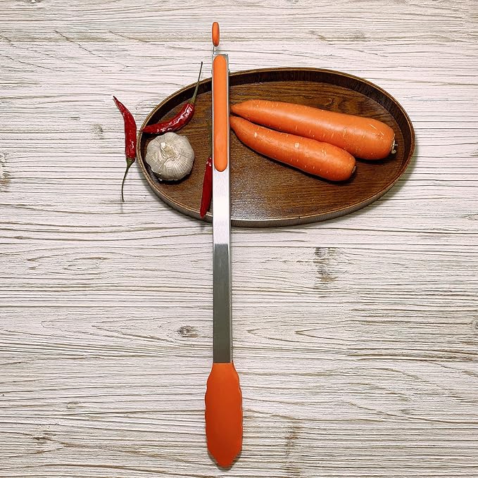 18 inch Extra Long Grill Tongs (1 orange + 1 emerald green), with Silicone Tip Head, Stainless Steel Barbecue Tongs with Long Handle, Large Sized Food Tong, Extended Serving Tong