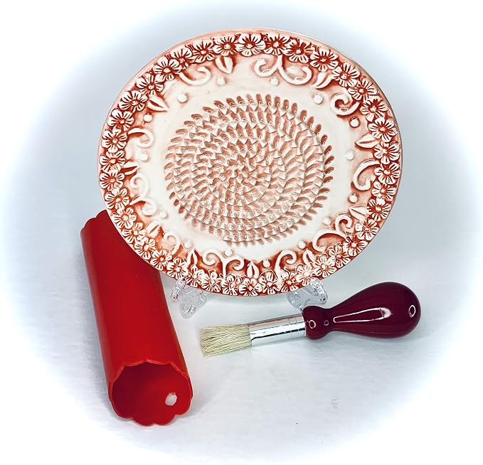 BonCera, All-in-one Premium Ceramic Garlic Grater Plate 4-Piece Set - Red Embossed Design and Style - For Garlic, Ginger, Chocolate, and more! - Comes with 5.25" Plate, Peeler, Brush, and Stand