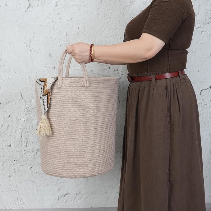 XUANGUO Cotton Rope Laundry Basket Hamper for Clothes, Konjac | Woven Storage Basket for Living Room Bedroom Boho Tall Rope Baskets for Blanket Toys Pillow Towels Baby Nursery Hamper Bin