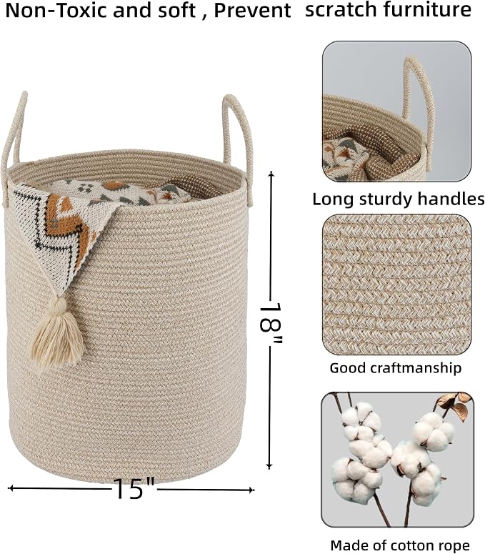 XUANGUO Cotton Rope Laundry Basket Hamper for Clothes, oatmeal | Woven Storage Basket for Living Room Bedroom Boho Tall Rope Baskets for Blanket Toys Pillow Towels Baby Nursery Hamper Bin