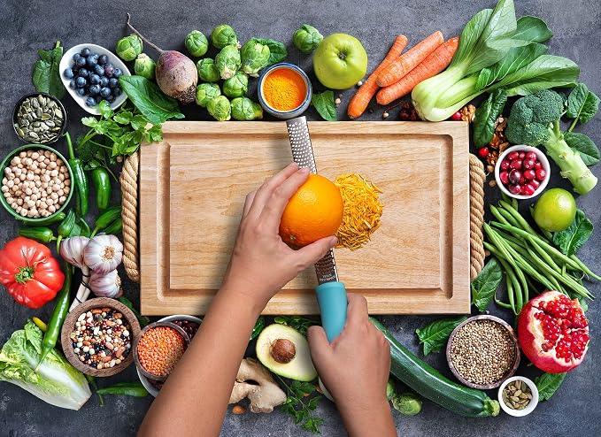 8-Inch Lemon Zester & Cheese Grater 18/8 Stainless Steel Citrus Zester for Lemon, Lime, Parmesan, Garlic & Ginger 8’’ Long Razor Sharp Blade, Ergonomic Non‑Slip Handle with Protective Cover, Blue