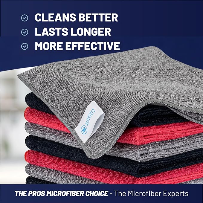 MW Pro Microfiber Cleaning Cloth | Black, Red, Gray (12 Pack) | Size 16" x 16" | All Purpose Microfiber Towels - Clean, Dust, Polish, Scrub, Absorbent