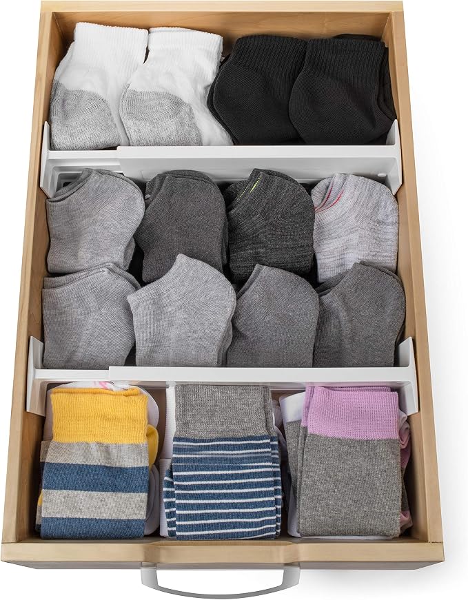 Dial Industries Adjustable Dresser Drawer Clothes Organizer Dividers, Set of 2, 4.5" Deep | Slides apart to fit drawers of any length, Separates socks, underwear and small items, Great for bedroom or bathroom drawers