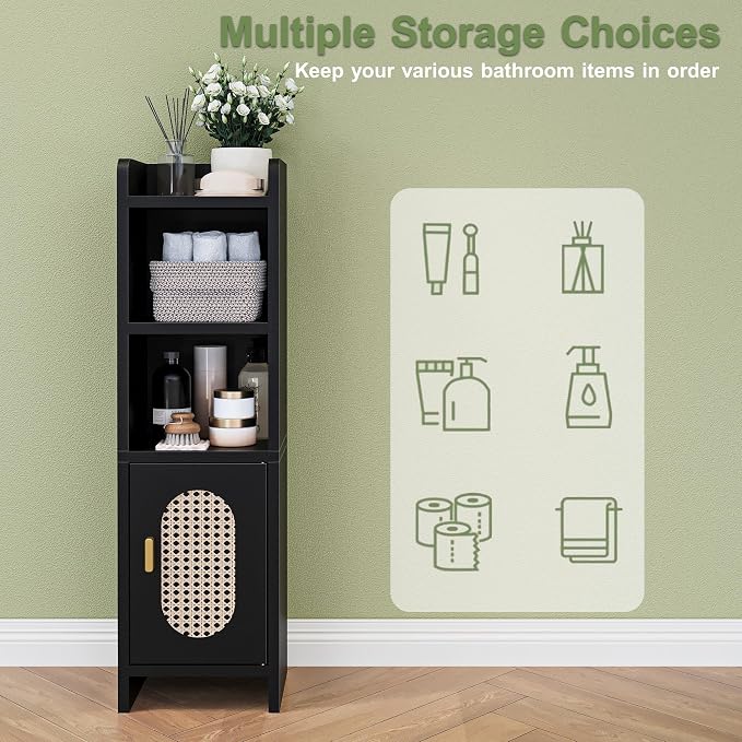 Small Bathroom Storage Cabinet, Narrow and Slim Storage Cabinet with Rattan Door and Adjustable Shelves, Corner Floor Bathroom Organizers and Storage for Small Space, Black HSC001B