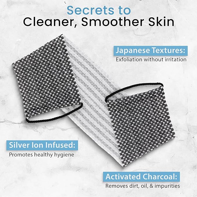 Japanese Exfoliating Washcloth for Back & Body 2-Pack - Charcoal & Silver Ion Exfoliating Towel with Handles - Two-Sided Gentle Exfoliation & Deep Cleanse Body Wash Cloths for Shower - 1 White, 1 Blue
