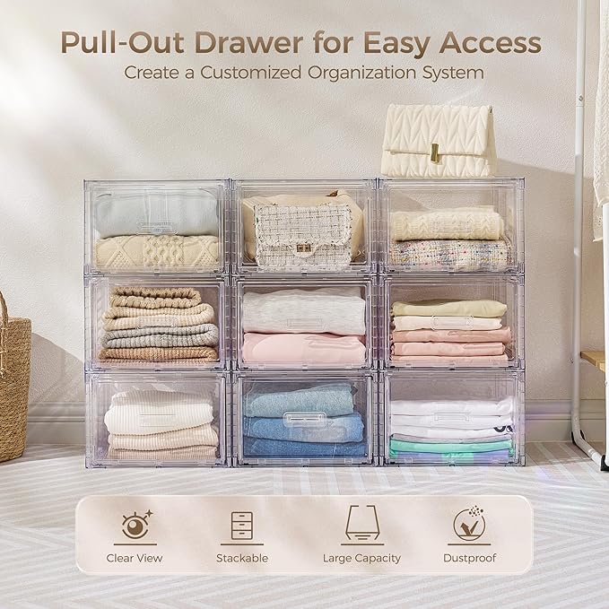 Vtopmart 6 Pack Clear Stackable Storage Bins 15QT | Easily Assemble Bathroom Organizers,Plastic Storage Bins for Kitchen Pantry,Under Sink Organization(Medium)