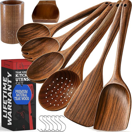 PriorityChef Wooden Spoons for Cooking, Premium 6pc Teak Wood Utensil Set with Hanging Hooks, Utensil Holder and Spoon Rest