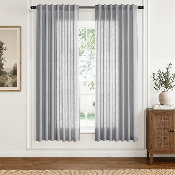 Hokibero Grey Linen Curtains 72 Inches Long Drape for Living Room 2 Panels | Light Filtering Semi Sheer Curtain, Back Tab Rod Pocket Pleated Look, Gray Privacy Drapes for Bedroom Window, Boho Farmhouse