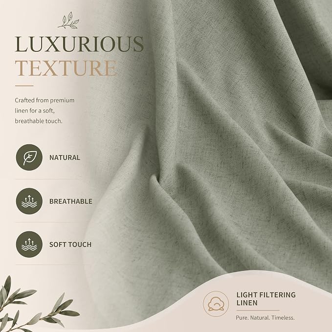 Hokibero Sage Green Linen Curtains 108 Inches Long Drapes for Living Room | Light Filtering Sheer Curtain 2 Panels, Back Tab Pocket Pleated Look, Green Privacy Drape for Bedroom Window, Boho Farmhouse