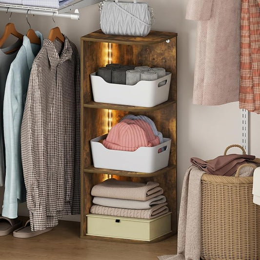 Furinno PASIR Corner Closet Organizer with LED Lights, 3-Tier, Amber Pine | 9.3 x 12 x 31.5, LED Closet Organizers and Storage, Open Shelves Closet Storage for Wardrobe, Bedroom, Entryway