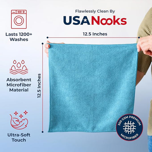 USANOOKS Microfiber Cleaning Cloth - Turq - 50Pcs (12.5x12.5 inch) High Performance - 1200 Washes, Ultra Absorbent Car Towel Traps Grime & Liquid for Streak-Free Mirror Shine - car Washing Cloth