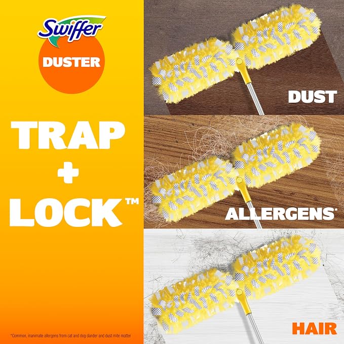 Swiffer Duster Kit with 6 ft Super Extendable Handle, Heavy Duty Starter Kit with 8 Refills, Lemon Scent