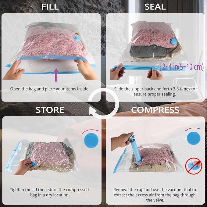 Vacuum Storage Bags Large 7 Pack Hand Pump, 80% Space Saver Vacuum Seal Bag | Plastic Vacuum Sealer Compression Bag, Space Saving Reusable for Clothing, Moving, Packing, Clothes, Blankets, Pillows, Towel