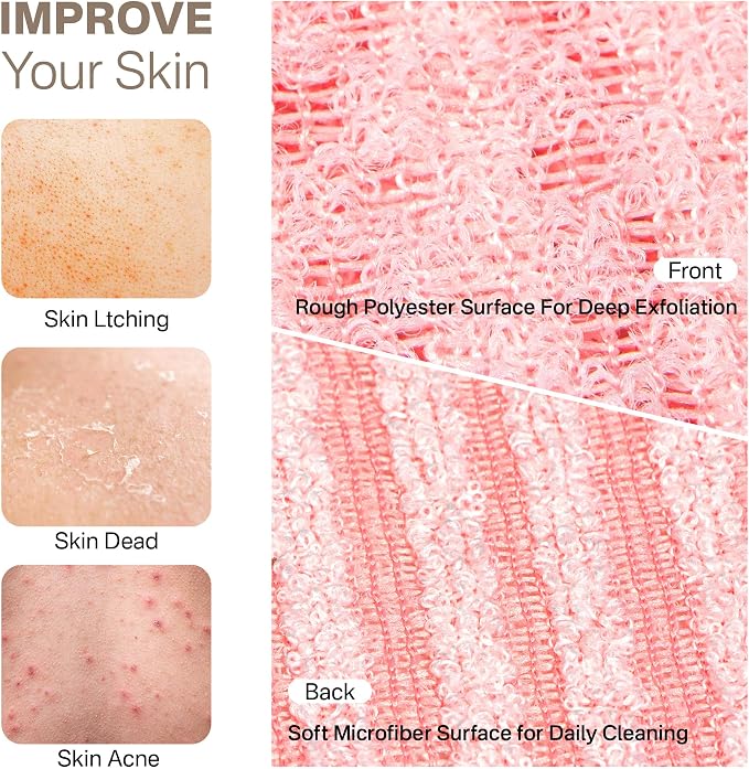 Yiclick Dual-Textured Exfoliating Washcloth Towel - Back Scrubber for Use in Shower Bath, Exfoliating Body Scrubber Exfoliator, Japanese Exfoliate Loofah Lufa Sponge Wash Cloth for Women Men