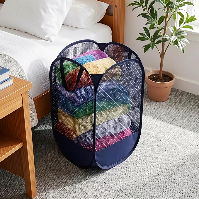 100L Extra Large Mesh Pop Up Laundry Hamper 2 Pack with Pocket and bag, Blue