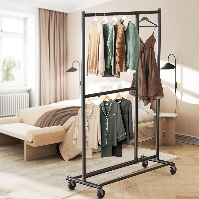 Simple Houseware Dual Bar Adjustable Clothing Garment Rack, 72" H, Black | Extendable Middle Bar from 23" to 42.75 Inches Width