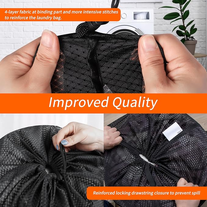 Heavy Duty Diamond Mesh Laundry Bag, 24x36", Black | Drawstring & ID Tag, Machine Washable, Commercial Grade, , For College Dorms, Travel, Sports Equipment