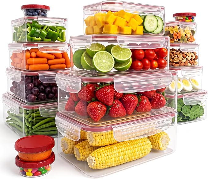 Utopia Kitchen Plastic Food Containers - Food Storage Containers with Airtight Lids - Reusable Lunch Boxes - Leak Proof (Red, Pack of 32)