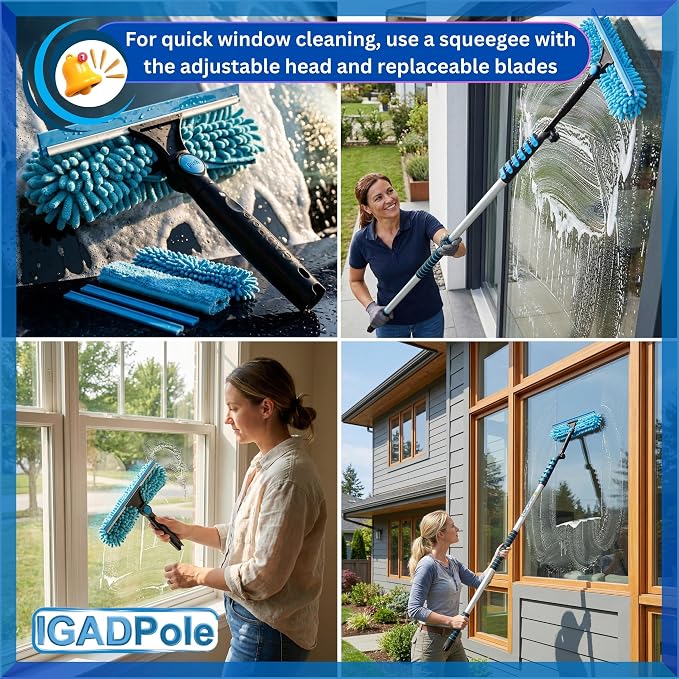 IGADPole 17 FT Water-Fed Washing Kit with Soap-Dispenser, Brush, 10″ Squeegee & Cobweb Duster for Windows, Gutters, Solar Panels & Exterior Walls