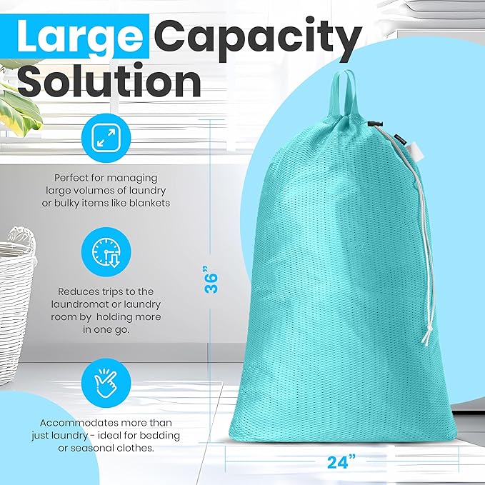 Handy Laundry Mesh XL Laundry Bag 24"x36" with Shoulder Strap, Teal | XL 24x36 Mesh Laundry Bag, Handles & Shoulder Strap, Breathable, Machine Washable, Dorm Travel Bedding, Teal