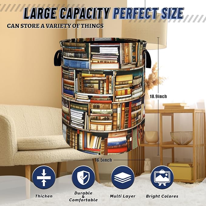 Retro Bookshelf Laundry Basket Oxford Cloth Hamper 18.9"x16.5" | Retro Books Laundry Hamper With Handle Foldable Portable Clothes Storage Laundry Bag For Laundry Room/Bedroom/Bathrooms