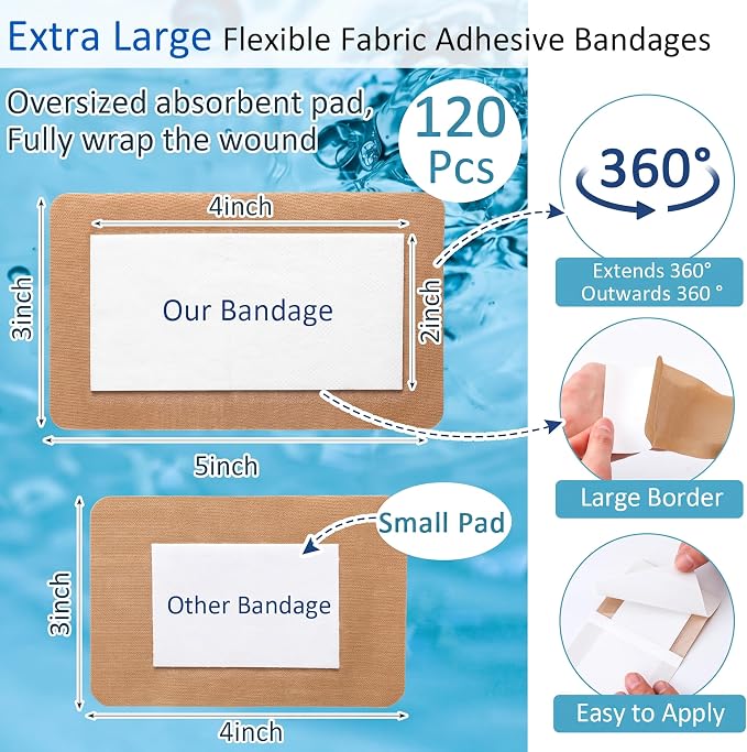 Geiserailie 120 Pcs Flexible Extra Large Adhesive Soft Bandages 5" x 3" Sterile Fabric Adhesive Bandages with Non Stick Pad, Latex Free for Care and Protect Wounds Bed Sores Burn Individually Wrapped