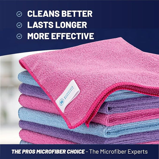 MW Pro Microfiber Cleaning Cloth |Pink, Purple, Blue (12 Pack) | Size 16" x 16" Multi Surface Microfiber Towels