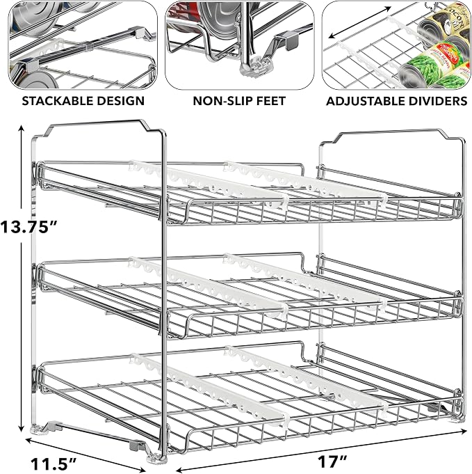 Simple Houseware Stackable Can Organizer Rack for Pantry/Cabinet – 11.5" D x 17" W x 13.75" H, Holds 36 Cans, 3-Tier Can Food Storage Dispenser, Chrome