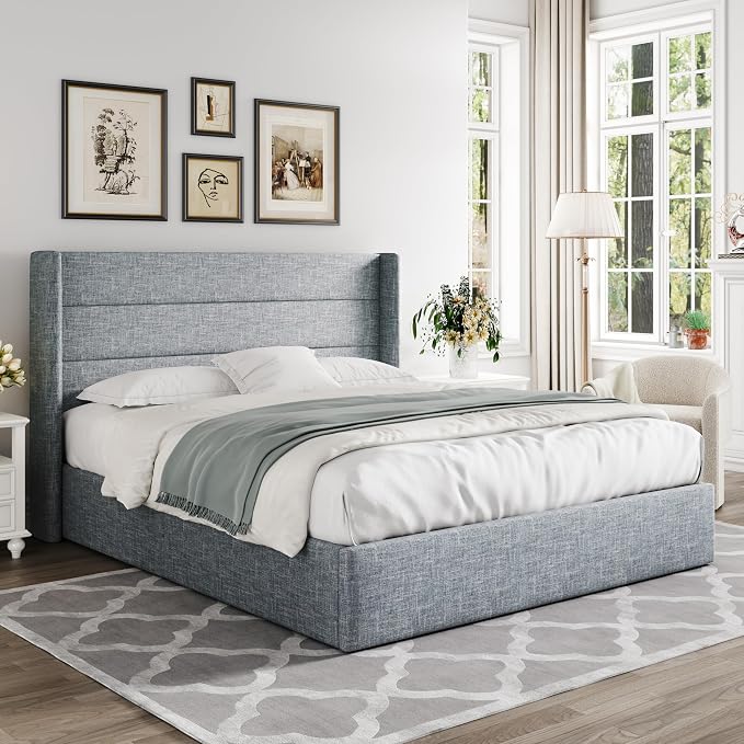 Allewie Full Size Lift Up Hydraulic Storage Bed Frame Blue Grey | Modern Wingback Headboard, Hydraulic Support Storage, No Box Spring Needed