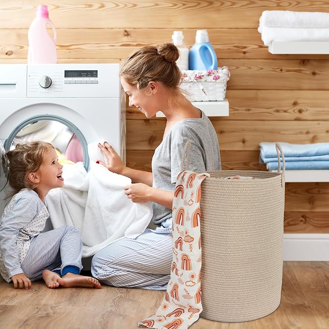 Woven Cotton Rope Laundry Basket Hamper, 16" x 22" Large Oatmeal | Rope storage basket for dirty clothes, toys and blankets. Perfect for bathroom, baby nursery and living room storage.