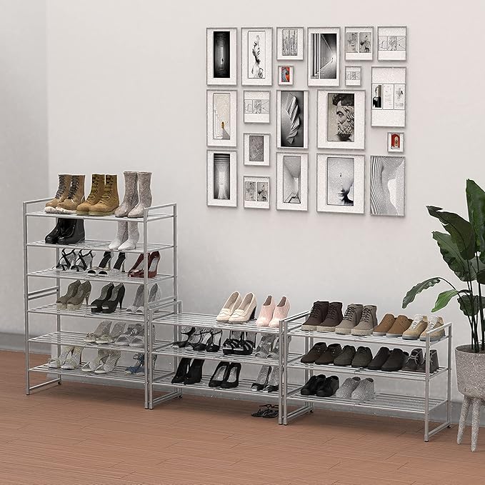 Simple Houseware 3-Tier Stackable Metal Panel Shoe Rack, Silver | 9 Pairs of Shoes Storage Organizer for Closet, Entryway, Garage & Corridor