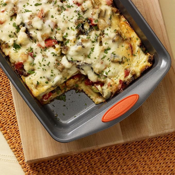 Rachael Ray Yum-o! Nonstick Bakeware Oven Lovin' Rectangle Cake Pan, 9-Inch by 13-Inch, Gray with Orange Handles