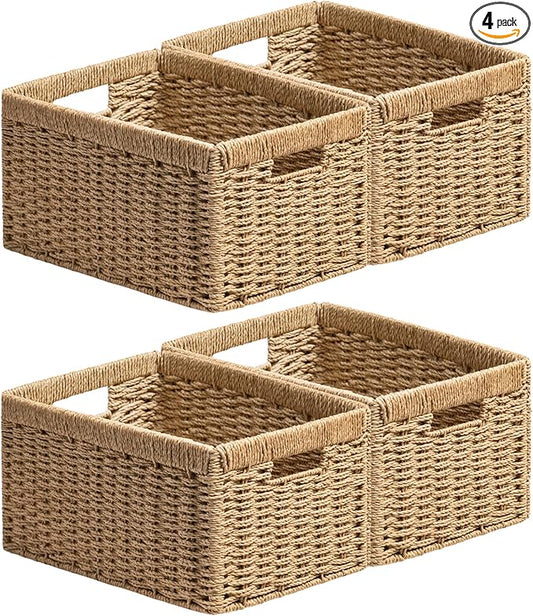 UBBCARE 4 Pack Wicker Basket, 13.4L×8.3H×7.1W inch Woven Paper Rope Storage Baskets for shelves, Foldable Rectangular Storage Baskets with Handle, Storage Basket for Organizing, Natural