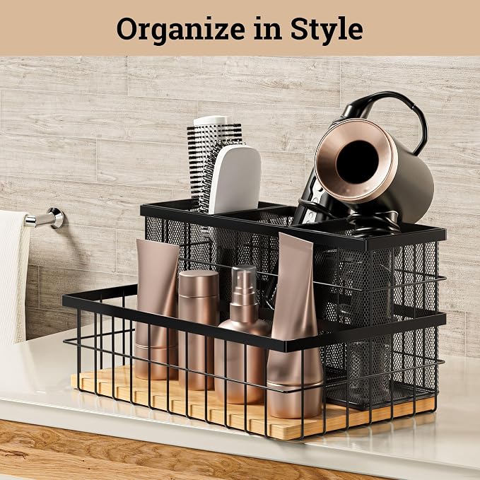 Hair Tool Organizer Countertop, Breathable Metal & Bamboo, Heat-Resistant | No Assembly Required, Removable Baskets, Heat-Resistant Iron, Bamboo Base, Spacious & Breathable Hot Tools Organizer Vanity