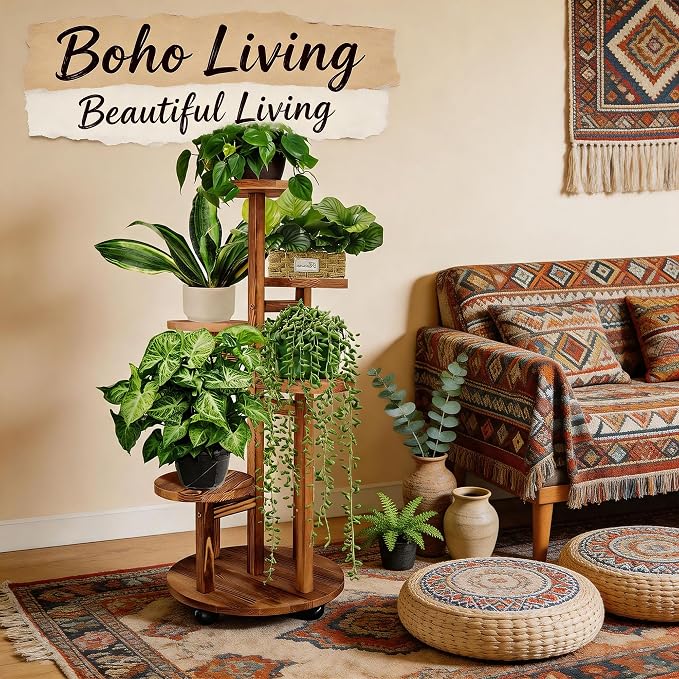 GEEBOBO 5 Tiered Tall Plant Stand for Indoor, Wood Plant Shelf Corner Display Rack, Multi-tier Planter Pot Holder Flower Stand for Living Room Balcony Garden Patio (Brown)