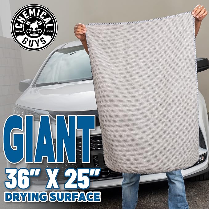 Chemical Guys Waffle Weave Gray Matter Microfiber Drying Towel - 25" x 36", Premium Blend Microfiber Towel with Soft-Banded Edging for Scratch-Free Car Drying, Ultra Absorbent | Waffle-weave towel with soft-banded edges soaks up sheeting water for a fa...
