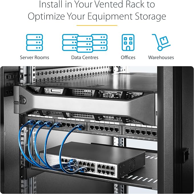 StarTech 1U Vented Cantilever Rack Shelf, 16in, 44lb/20kg (CABSHELF116V) | Universal vented rack mount tray, For 19in network equipment rack & cabinet, Heavy duty steel, 16in deep